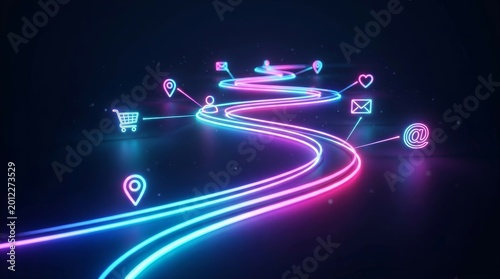 Digital strategy and brand engagement visualized on an illuminated customer journey map.