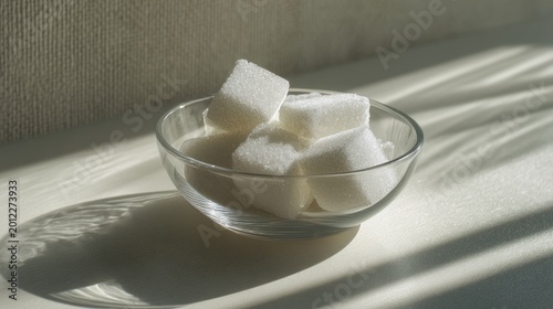 Close-Up of White Sugar Cubes in a Glass Bowl with Soft Shadows on a Light Background