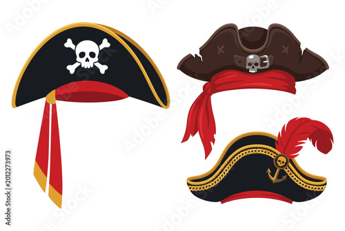 Pirate hats displaying symbolism, skull crossbones theme, nautical flair. Decorative headwear featuring feathers, red bandanas, ornate trim. Classic pirate apparel, ideal costume accessory, isolated
