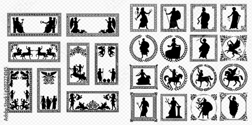 Schilderij op canvas Ancient Greek Mythology Silhouettes and Decorative Frames Vector Set
