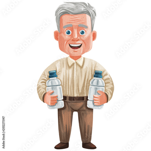 elderly man with grey hair holds two bottles