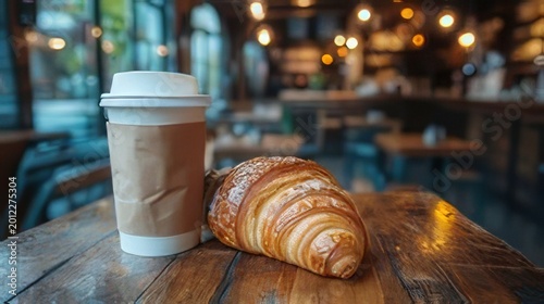 Golden Croissant and Paper Coffee Cup on Wooden Table in Blurred Cafe Setting