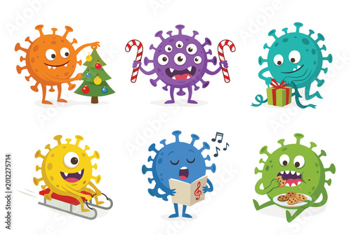 Orange virus character decorating festive Christmas tree colorful baubles green tree. Purple virus holding candy canes many googly eyes cheerful. Yellow sledding brightly winter snow playful