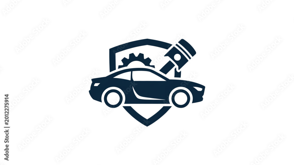 Fototapeta premium Car with engine and gear icon inside a shield badge Vector