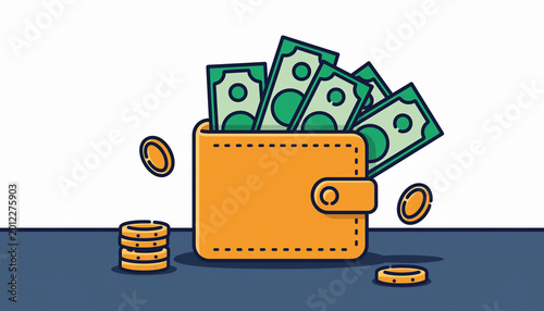 Concept of personal wealth and financial abundance depicted by a bright yellow wallet overflowing with green paper cash and golden coins captured in a clean minimalist studio setup.