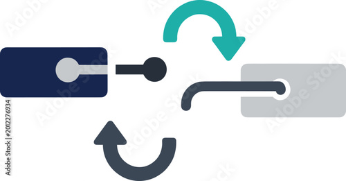 Obraz na płótnie Abstract digital connection icon featuring two modular components with rotating arrows representing data synchronization and seamless software integration