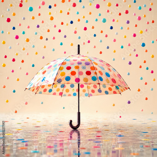 Colorful Polka Dot Umbrella Under Floating Confetti Rain
