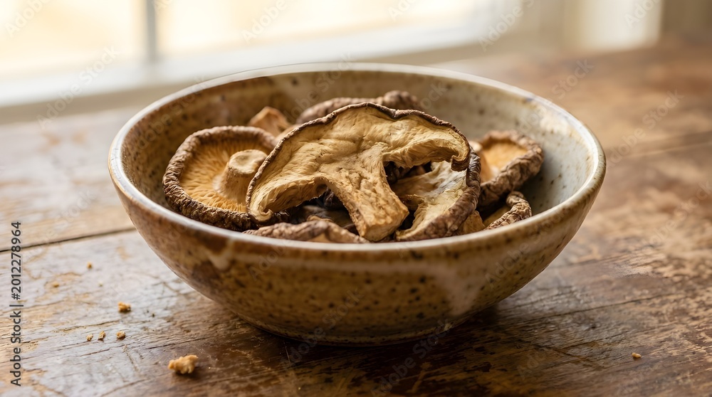 Fototapeta premium Dried Shiitake Mushrooms in Rustic Ceramic Bowl