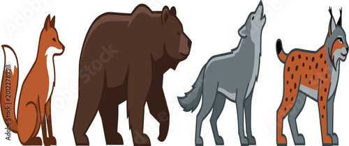 Photos Wild forest animals set with fox grizzly bear howling wolf and bobcat lynx flat