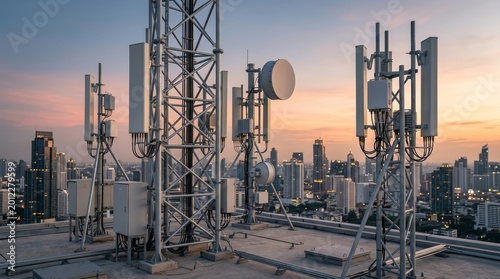 Telecommunications cellular base station infrastructure overlooking a metropolitan skyline