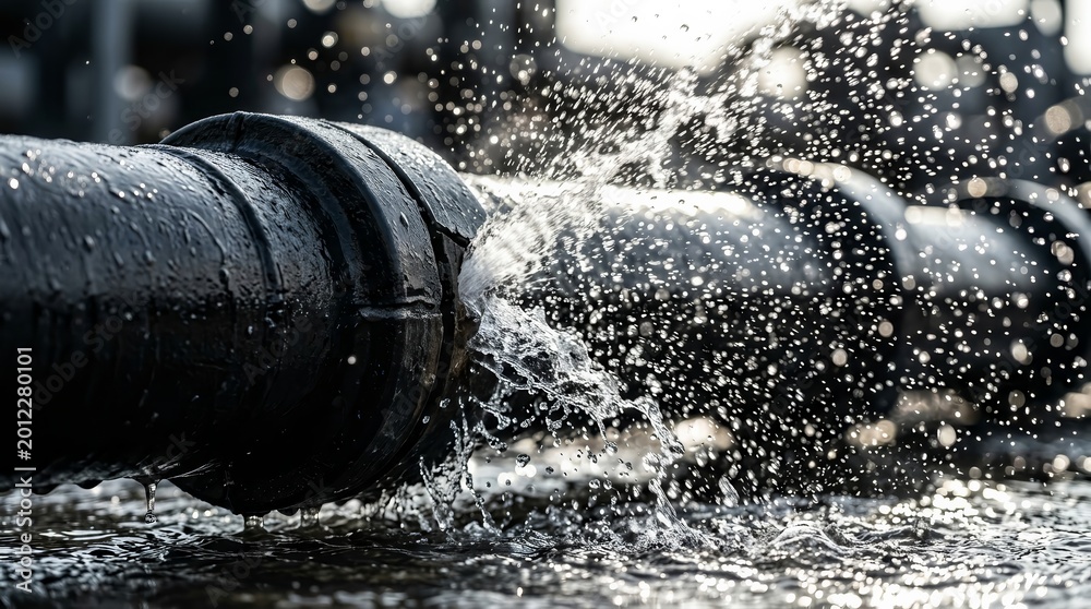 Fototapeta premium Heavy water spraying from a burst main pipe in a high-pressure leak.