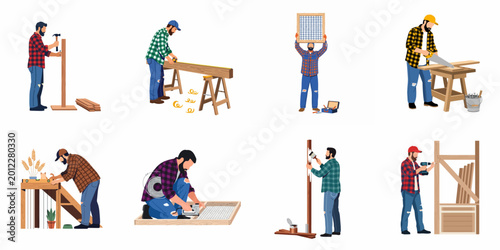Εκτύπωση καμβά Set of flat vector illustrations of carpenters and woodworkers performing various construction and DIY tasks using hand and power tools