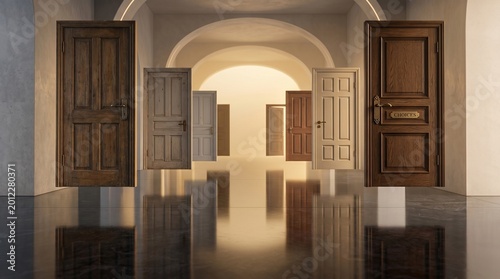 A captivating array of distinct wooden doors suspended in a gleaming corridor, their reflections hinting at unexplored possibilities and significant decisions on life's journey