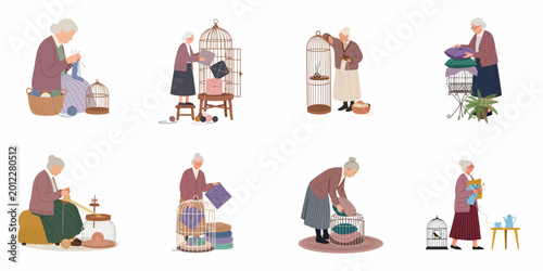 Bild auf Leinwand Collection of flat vector illustrations featuring an elderly woman engaged in hobbies like knitting, sewing, and organizing items in birdcages