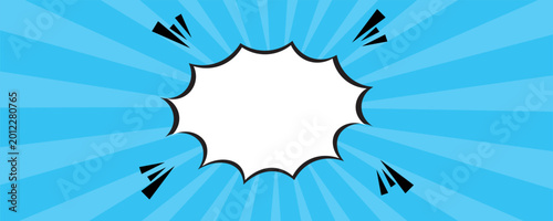 Pop art halftone background. Comic starburst pattern. Blue banner with star speech bubble. Vintage duotone texture. Gradient wow design. Cartoon superhero print. Vector illustration.