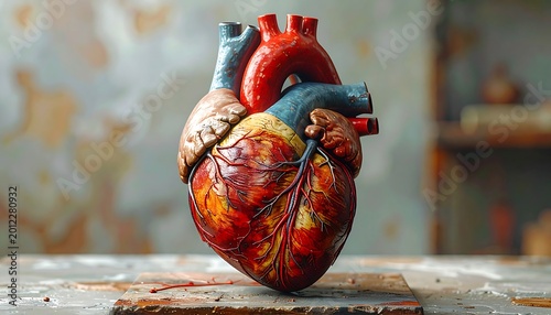 A realistic, three-dimensional representation of a human heart, showcasing intricate detail and rich colors against a neutral background