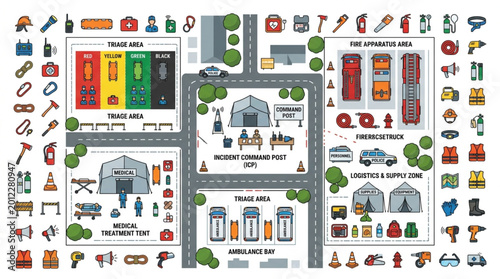 Foto Emergency preparedness and disaster response illustration with icons