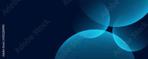 Dark blue abstract background with shiny geometric shape graphic. Modern blue gradient circles. Dynamic shapes. Horizontal banner template.