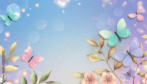 Beautiful pastel paper craft butterflies flying around delicate spring flowers and leaves captured under soft romantic bokeh lighting in a gorgeous bright floral composition.