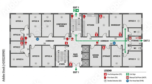 Foto Building Floor Plan with Emergency Exit Routes and Fire Safety Symbols