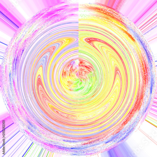A digital abstract composition featuring a central sphere with multi-colored swirls of pink, yellow, and blue. Bright light rays radiate from the edges against a white background.