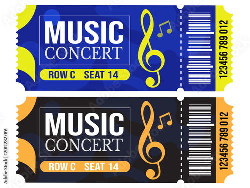 Fotografía Music concert ticket vector set with barcode and treble clef, live performance e