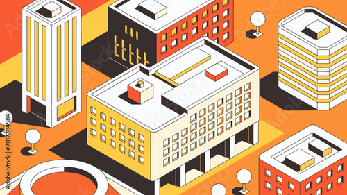 A vibrant, stylized isometric view of urban buildings and geometric structures, ideal for corporate branding and tech website graphics.