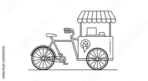 Ice Cream Tricycle Cart, Vintage Food Truck, Summer Treat Delivery Bicycle, Line Art