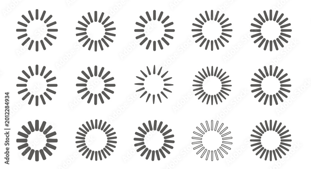 Fototapeta premium Collection of Sunburst Radial Circles Forming an Abstract Grayscale Pattern.