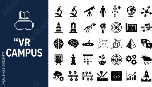 Icons display various educational and scientific research concepts.