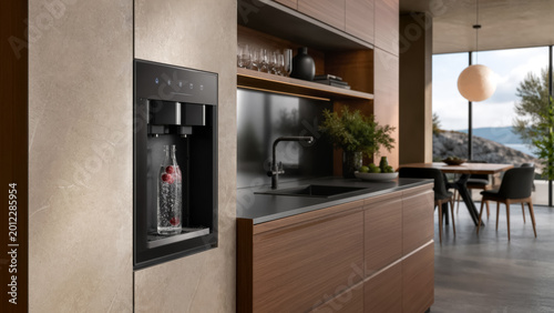 Luxury modern kitchen interior with built in smart refill system for sparkling water and drinks minimalist design