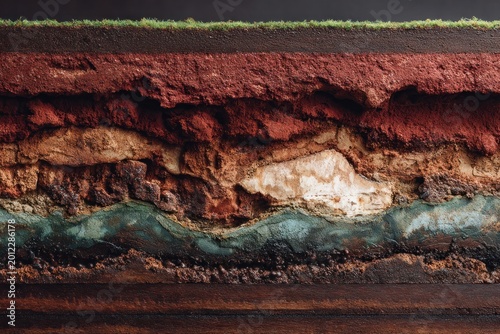 Cross-section view of soil layers with vibrant colors and textures