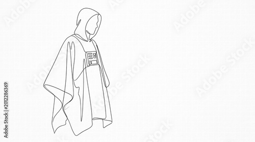 Minimalist continuous line drawing of a person wearing a smart climate control poncho, elegant and simple.High definition. Area for copy space