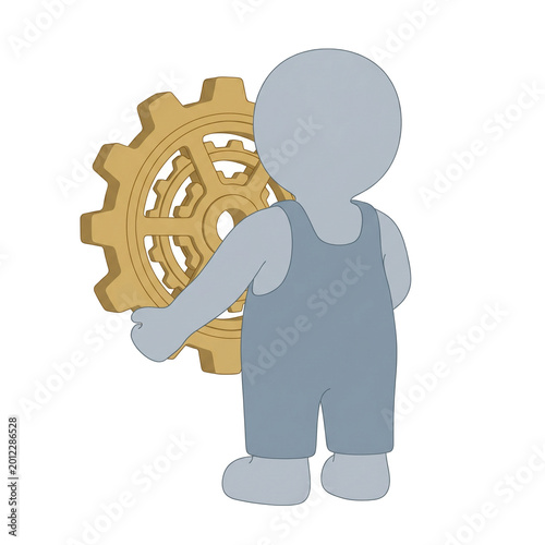 Cartoon Mechanic Holding Golden Gear Wheel, Concept of Engineering and Work