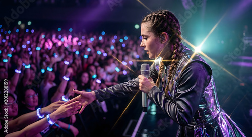 Cantante femenina actuando en un concierto en vivo y estrechando la mano de sus seguidores