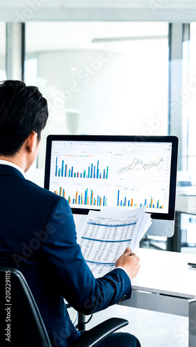 Businessman Analyzing Financial Data Dashboard on Computer Monitor with Spreadsheet Documents at Modern Office Desk for Business Strategy Decision