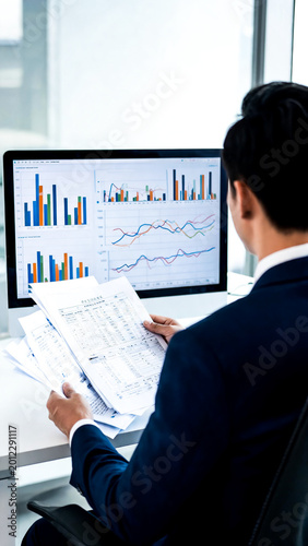 Asian Businessman Sitting at Office Desk Reviewing Financial Report Documents While Analyzing Multiple Colorful Charts and Graphs on Computer Monitor for Investment Strategy Decision