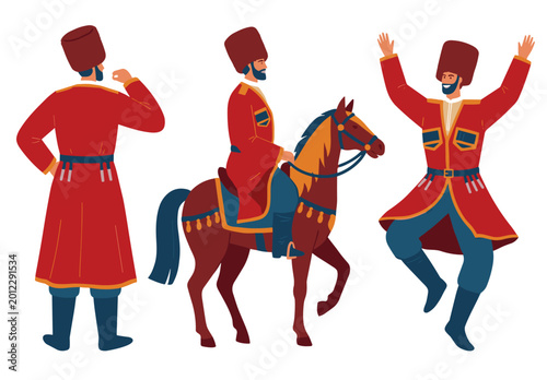 Fotografi Cossack culture illustration showcasing traditional dance, horseback riding, ethnic attire vibrant red long coat, bushy hat, leather boots isolated white background