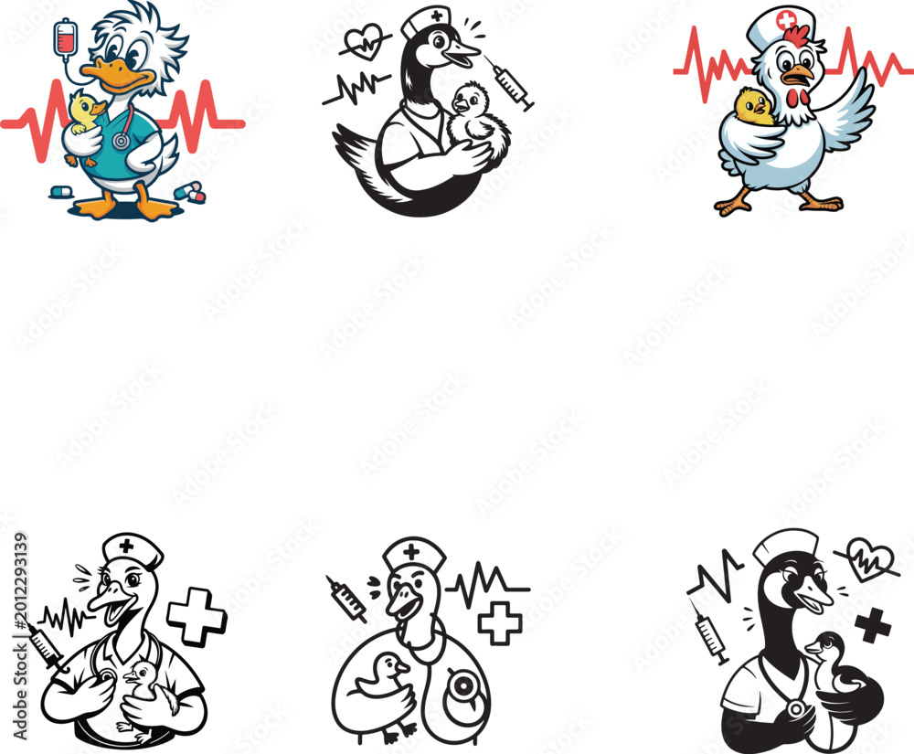 Fototapeta premium Sick Duck Illustrations, Medical Icons, Cartoon Duck Characters, Vector Clipart
