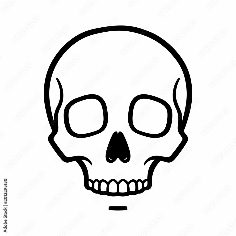 Fototapeta premium Stylized skull graphic in black outline on white background, simple illustration for design.