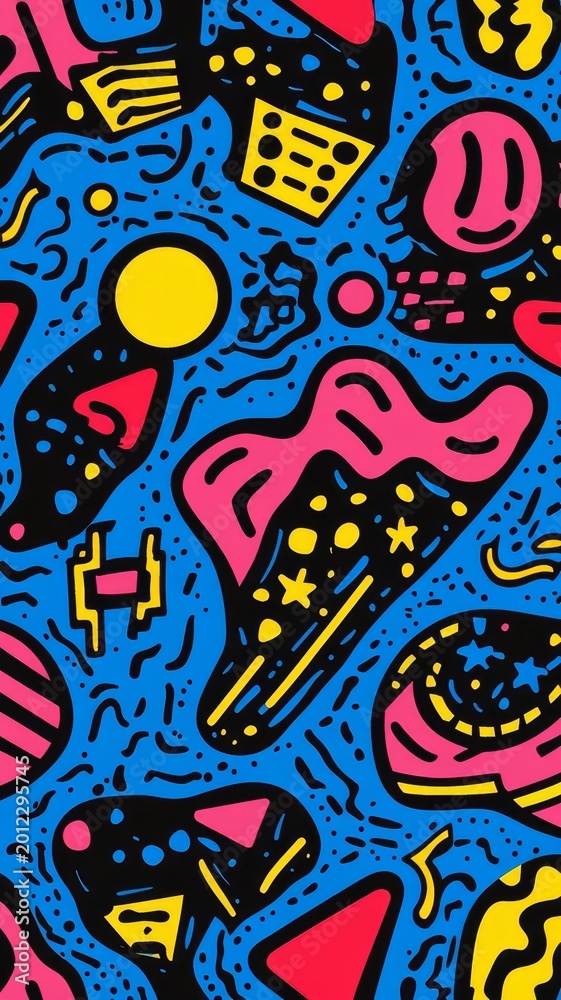 Fototapeta premium Vibrant pattern featuring diverse geometric shapes dynamic composition of interconnected colorful elements