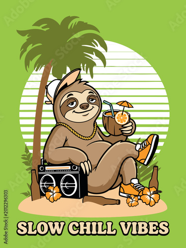 Tableau sur toile Cartoon Sloth on Beach Vacation.