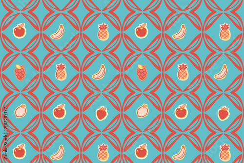 Fotografie Seamless vector pattern featuring a red geometric lattice and colorful fruit ico