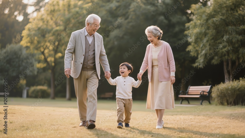 Obraz premium Senior couple walking with grandchild in park