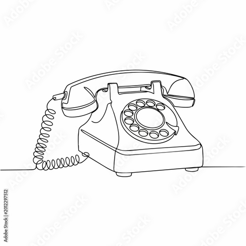 Vintage rotary dial telephone line drawing on white background, retro communication device illustration.