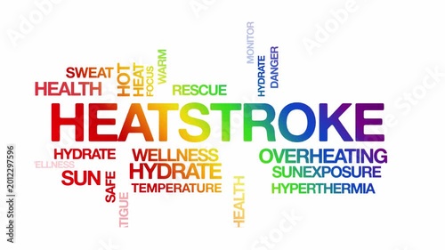 Heatstroke concept Animated Tag Word Cloud kinetic typography, Text Design Animation typography seamless loop video motion graphics Intro Wordart tagcloud arrangement rainbow type on white background 