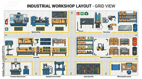Foto Industrial Workshop Layout Grid View Illustration.