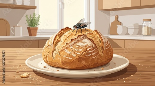 A housefly on a fresh artisan bread loaf, served on a plate on a kitchen counter. A clean, flat vector illustration of a common household pest disrupting food