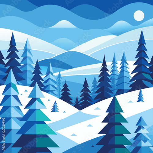 Stylized winter landscape with snowy hills, layered blue mountains, and geometric pine trees creating a calm, festive, minimalist seasonal background ideal for holiday design projects.