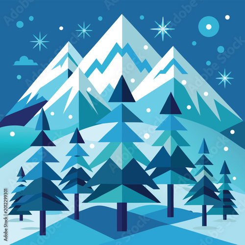 Stylized Winter Mountain Landscape With Snowy Pines, Night Sky Stars And Frosty Forest Scene
